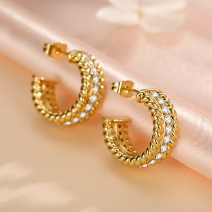 Small Gold Twisted Hoop Earrings for Women, 18K Gold Plated Hypoallergenic Chunky Cubic Zirconia Huggie Hoop Earrings Jewelry Gifts for Women