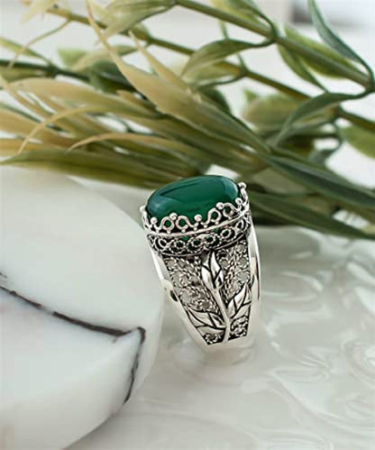 Filigranist 925 Sterling Silver Filigree Art Lace Embroidery Tulip Detailed Gemstone Women Cocktail Ring, Luxurious Gift Boxed - color: Green Agate