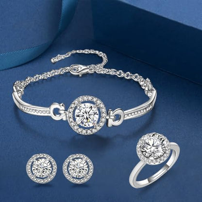 Women 4Pieces Cubic Zirconia Jewellery Set Rhinestone Necklace Earrings Bracelet Ring - color: Silver