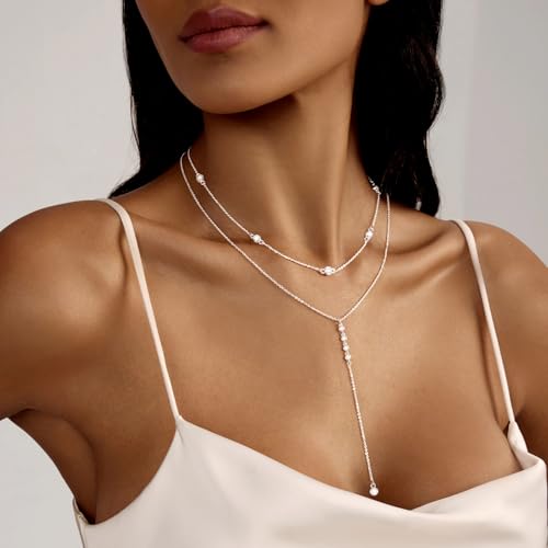 Zeffy Lariat Gold Necklace for Women, Dainty Long Necklace 14k Gold/Silver Plated Layered CZ Beaded Bar Chain Y-Shaped Body Chain Stack Drop Wedding Necklace Trendy Simple Gold Jewelry Gifts - color: Silver CZ Layered Y Necklace(2PCS)