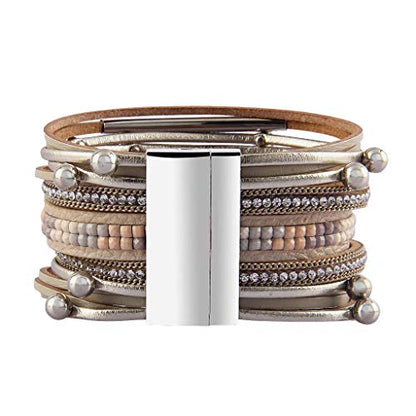 GelConnie Leather Wrap Bracelet Boho Cuff Bracelets Crystal Leather Bracelet Magnetic Multi Strand Bracelets Bohemian Bracelet Leather Wristbands Bangle Jewelry for Women Teen Wife Mother - color: LPB298-beige