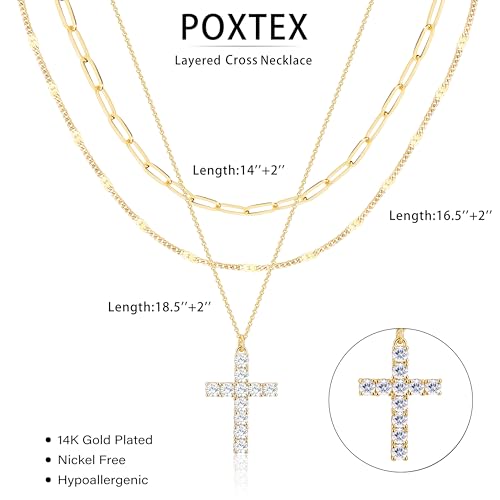 Poxtex Layered Gold Necklaces for Women, Stackable Dainty 14K Gold Silver Plated Trendy Simple Heart Diamond Cross Bow Circle Pendant Paperclip Choker Dot Chain Necklace,Jewelry Set Gifts for Women - color: Gold, style: Cross2
