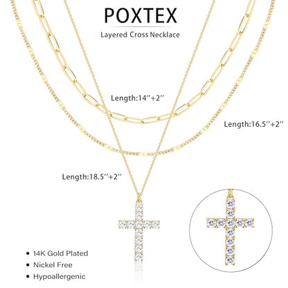 Poxtex Layered Gold Necklaces for Women, Stackable Dainty 14K Gold Silver Plated Trendy Simple Heart Diamond Cross Bow Circle Pendant Paperclip Choker Dot Chain Necklace,Jewelry Set Gifts for Women - color: Gold, style: Cross2