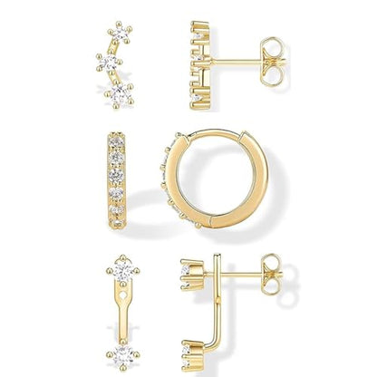 BG&WLing 3 Pairs Earring Set with Huggie Hoops Jacket Crawler Stud | Hypoallergenic, Cubic Zirconia, Huggie Hoops, Ear Climber Design, Earrings Jacket, Multi-Pierce Stack, Women's Jewelry - color: Gold