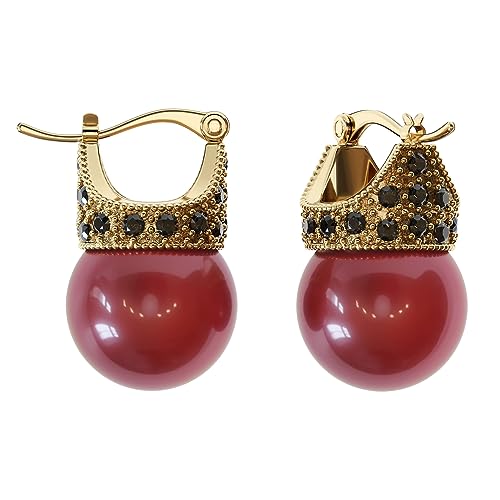 Glass Pearl Earrings Crystal Accent Crown Shape for Wedding, Bridal, Formal & Fashion - color: Red/Gold