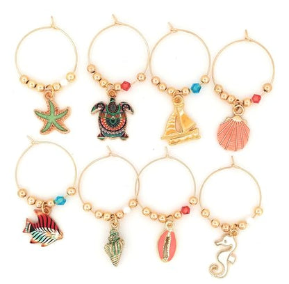 Pixie Beach & Nautical Wine Charms, 8 Piece Set – Seashell, Starfish & Sea Turtle Glass Tag Identifiers, Summer Party Favors & Host Gift