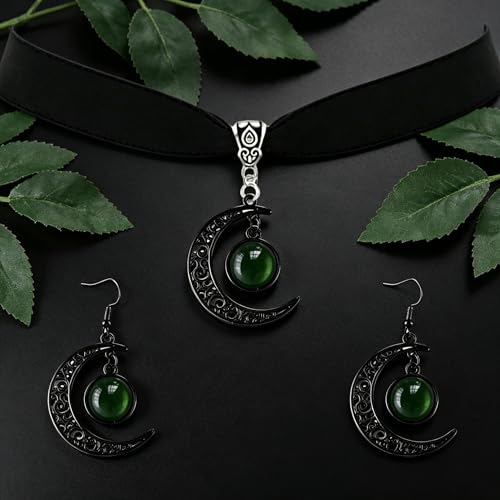 ONLYJUMP Gothic Witch Moon Earrings Necklace Set for Women Goth Black Velvet Moon Choker Necklace Moon Zirconia Dangle Drop Earrings Dark Halloween Witch Vampire Jewelry - color: Green