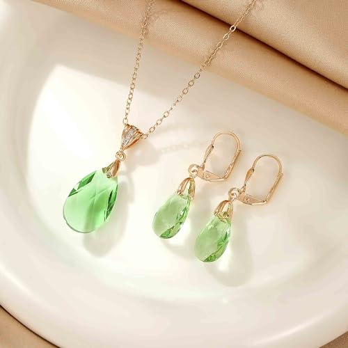 Austrian Crystals Teardrop Pendant Necklace Earrings for Women 14K Gold Plated Hypoallergenic Leverback Drop Dangle Earrings Jewelry Set - color: Green
