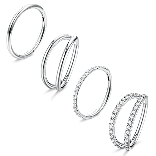 Dochais 4PCS 18G Nose Rings Hoops, Surgical Steel Earrings Tragus Septum Piercing CZ Clicker Ring, Hinged Segment Conch Lip Cartilage Double Hoops 8mm 10mm for Women Men - color: Silver, size: 18G(1.0mm),8mm