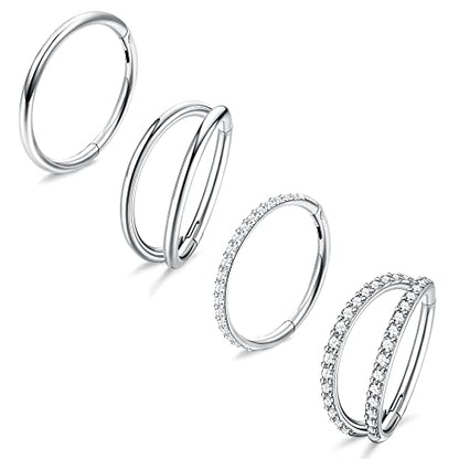 Dochais 4PCS 18G Nose Rings Hoops, Surgical Steel Earrings Tragus Septum Piercing CZ Clicker Ring, Hinged Segment Conch Lip Cartilage Double Hoops 8mm 10mm for Women Men - color: Silver, size: 18G(1.0mm),8mm