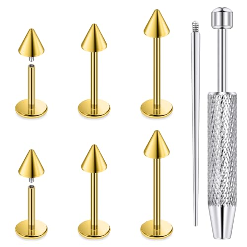 Internally Threaded Labret Studs 18G 16G 14G Surgical Steel Lip Piercing Jewelry with Claw Tool Monroe Snake Bite Jewelry Flat Back Barbell for Women Men Plus Piercing Ball Grabber Tool - color: goldtone, size: 16g,spike end