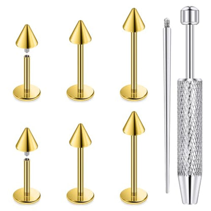 Internally Threaded Labret Studs 18G 16G 14G Surgical Steel Lip Piercing Jewelry with Claw Tool Monroe Snake Bite Jewelry Flat Back Barbell for Women Men Plus Piercing Ball Grabber Tool - color: goldtone, size: 16g,spike end