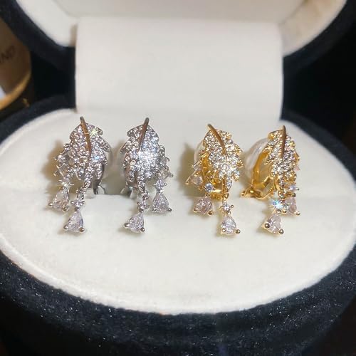 Crystal Leaf Tassel Teardrop Clip on Earrings for Women 14k Gold Plated Shiny Rhinestone Feather Shaped Dangle Drop Non-Piercing Earring Elegant Wedding Prom Anniversary Party Jewelry Gifts - color: Silver