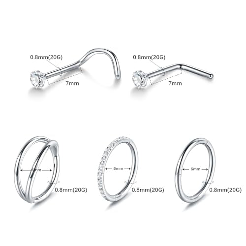 Xpircn 5pcs Hoop Nose Rings and L Shaped Nose Rings Stud Set 18G/20G Stainless Steel CZ Helix Conch Daith Tragus Cartilage Hoop Earrings for Women 6mm 7mm 8mm 10mm - color: Silver, size: 20G, 6mm hoop & 7mm studs
