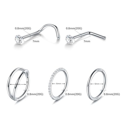 Xpircn 5pcs Hoop Nose Rings and L Shaped Nose Rings Stud Set 18G/20G Stainless Steel CZ Helix Conch Daith Tragus Cartilage Hoop Earrings for Women 6mm 7mm 8mm 10mm - color: Silver, size: 20G, 6mm hoop & 7mm studs