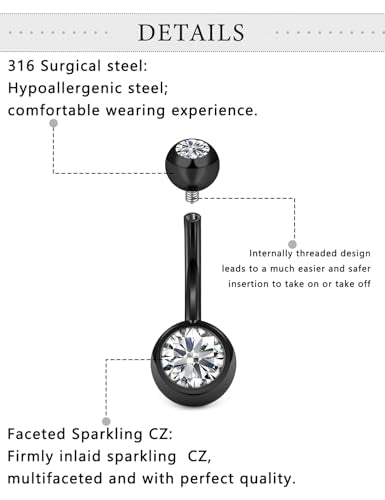 Belly Button Rings Surgical Steel Internally Threaded Belly Button Ring 10MM/12MM/14MM/16MM Navel Rings for Women Clear CZ 14G Long Bar Navel Piercing Jewelry - color: black, size: 12mm bar length