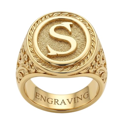 LONAGO Personalized Initial Signet Ring for Women Solid 10K 14K 18K Gold Round Statement Band Custom Engraving on Inner Band Initial Jewelry Gift for Mom Wife Girlfriend
