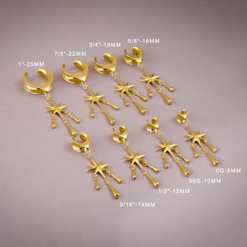 ERKUOO 2PCS Ear Gauges Star Dangle Saddle Ear Tunnels Plugs Flesh Piercing Earrings Expander For Women Body Jewelry - color: 1 Gold, size: 8 mm