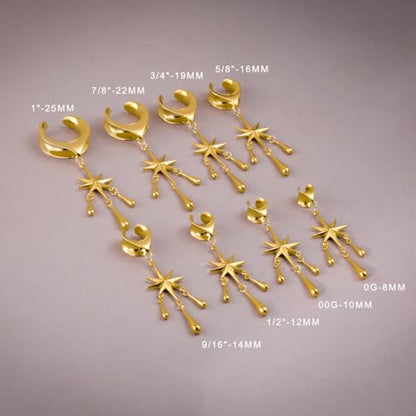 ERKUOO 2PCS Ear Gauges Star Dangle Saddle Ear Tunnels Plugs Flesh Piercing Earrings Expander For Women Body Jewelry - color: 1 Gold, size: 10 mm