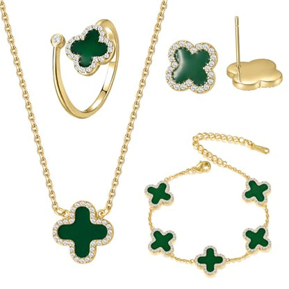 Qitian Clover Bracelet for Women 18K Gold Four Leaf Pink Lucky Link Clover Bracelets, Trendy Bracelets Set Jewelry Gifts for Women - color: L-Green Set