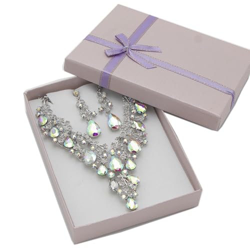 Bridal Bridesmaid Austrian Crystal Jewelry Set, Floarl rhinestone Statement Neckace Teardrop Necklace Drop Dangle Earrings Set - color: White AB Color-Silver Tone