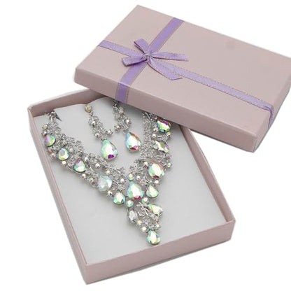 Bridal Bridesmaid Austrian Crystal Jewelry Set, Floarl rhinestone Statement Neckace Teardrop Necklace Drop Dangle Earrings Set - color: White AB Color-Silver Tone