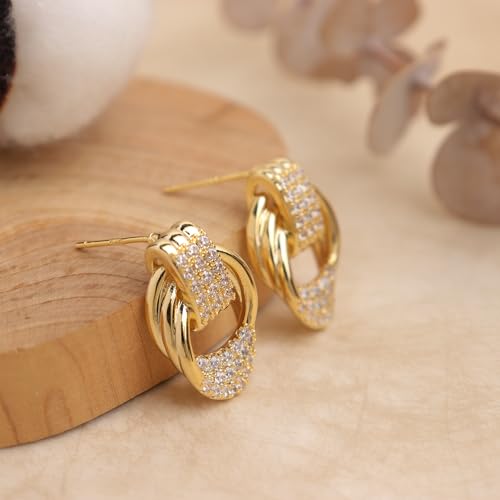 Jean Beau Chunky Gold Stud Earrings for Women Trendy Gold Plated Dangle Drop Prom Birthday Fashion Office Jewelry Gift - color: Gold CZ