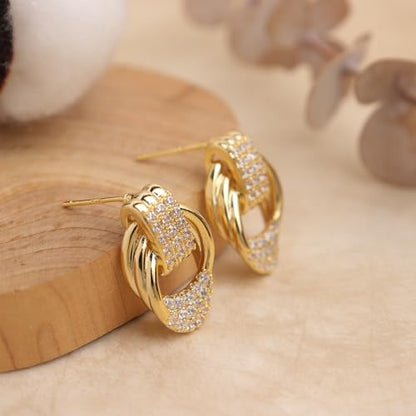 Jean Beau Chunky Gold Stud Earrings for Women Trendy Gold Plated Dangle Drop Prom Birthday Fashion Office Jewelry Gift - color: Gold CZ