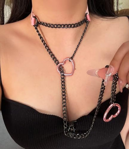 Leather Choker Slip Chain Necklace Stainless Steel Cuban Link Long Necklaces Gothic Punk Heart Chain Necklace Handmade Collars for Women - color: Pink+Black