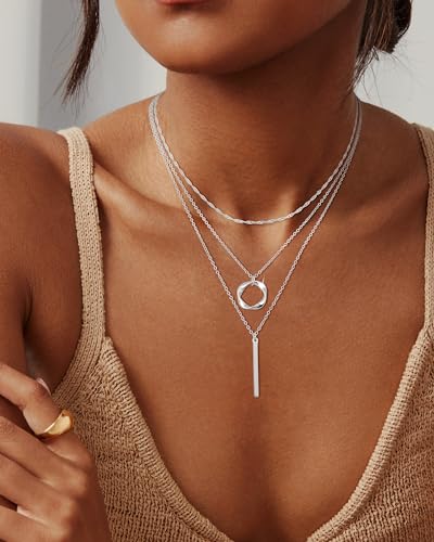 Stackable Silver Plated Layered Choker Necklaces for Women | Stacked Stacking Layering Dainty Silver Plated Necklace, Beach Circle Paperclip Pendant Chain Necklaces Trendy, Jewelry Set - color: 3PCS / Bar & Twisted Circle & Wave - Silver