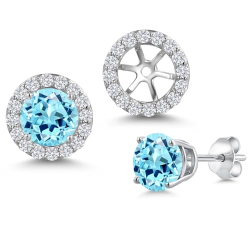 Gem Stone King 14K White Gold 6MM Round Gemstone Birthstone Stud Earrings with Removable Jackets and Lab Grown Diamond Accents | Gold Earrings For Women | Fine Jewelry Gift for Her Mom Women Wife - color: Apatite