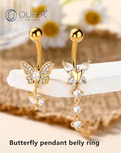 OUFER Gold Belly Button Ring, 14G Butterfly Dangle Belly Button Piercing, Pave Clear CZ Belly Rings, 316L Surgical Steel Navel Belly Piercing Jewelry For Women - style: Leaf Dangle