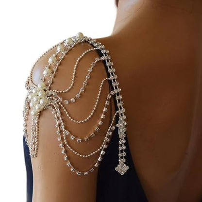 1Pcs Rhinestone Tassel Shoulder Chain Straps,Crystal Lingerie Straps,Wedding Bridal Shoulder Bra Body Jewelry for Women - color: Silver