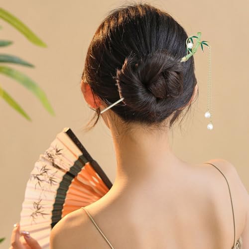 6PCS Chinese Hair Sticks Set, Gold White Japanese Hair Stick with Pearl Flower Bamboo Leaves Design Metal Hair Chopsticks Hair Bun Updo Holders Long Thick Hair Accessories for Women - color: 6pcs Green