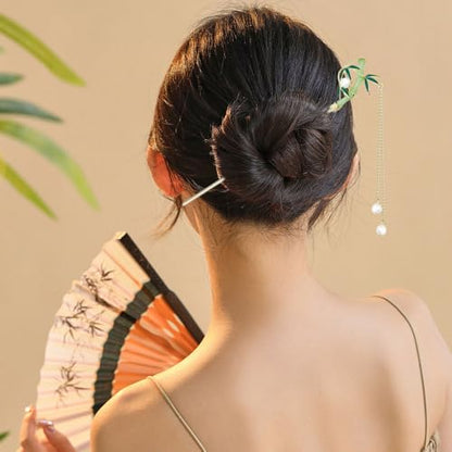 6PCS Chinese Hair Sticks Set, Gold White Japanese Hair Stick with Pearl Flower Bamboo Leaves Design Metal Hair Chopsticks Hair Bun Updo Holders Long Thick Hair Accessories for Women - color: 6pcs Green