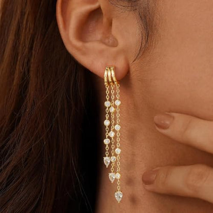14K Gold Plated Dangle Earrings for Women, Dainty Hoop Huggie Studs, Long Hanging Tassel Chain Multi Pierced Ear Stacking Jewelry Gifts - color: CZ Drop Dangle-Gold