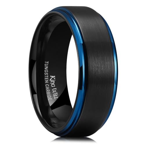 King Will Mens Brushed Wedding Band, Two Tone Matte Step Edges/Pipe Cut, Tungsten Carbide Anniversary Promise Rings Comfort Fit - color: Black&Blue Edge-8mm
