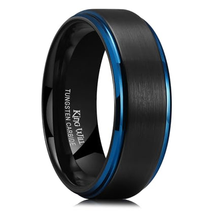 King Will Mens Brushed Wedding Band, Two Tone Matte Step Edges/Pipe Cut, Tungsten Carbide Anniversary Promise Rings Comfort Fit - color: Black&Blue Edge-8mm