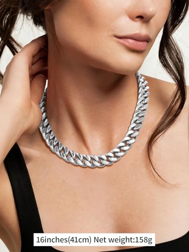 FindChic Cuban Link Chain Necklace for Women Men, Silver/Gold Plated Stainless Steel Solid Miami Curb Chain Hip Hop Punk Statement Jewelry, 5/12/14mm Width, 16/18/20 Inch Length, with Gift Box - color: 03. 12mm-Silver, size: 16inches