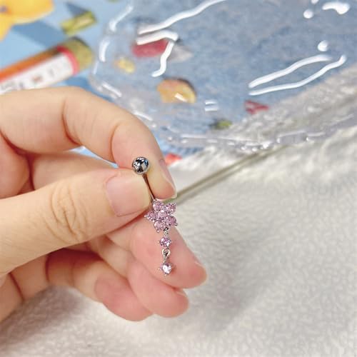 14G Floral Belly Button Ring for Women, Dangling CZ Crystal Charm Drop Belly Piercing Barbell Rings Navel Piercings Jewelry