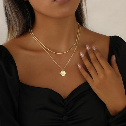 Layered Necklaces for Women 14K Gold Plated Stack Circle Pendant Trendy Long Chain Stackable Handmade Coin Necklace Set Dainty Gold Stacked Jewelry Gifts - color: Gold-2