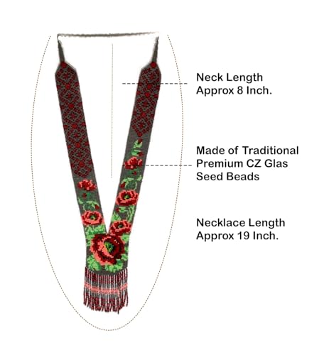 Long Beaded Necklace – Boho Native Handmade Seed Bead Tassel Necklace, Bohemian Large Statement Beaded Necklace for Women - color: Red Grey-Mix