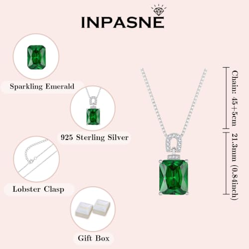 Emerald Cut Birthstone Necklace for Women 925 Sterling Silver | Baguette Birthstone Pendant Necklace, Jewelry for Mom Wife - color: Green