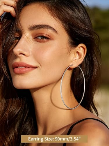 FindChic Thin Hoop Earrings for Women,Silver/Black/Gold Plated 20-100mm - color: Silver, size: 90mm