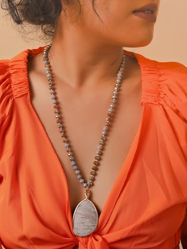 MINACHI Handmade Agate Pebble Pendant with Crystal Beads, Random Stone Shape, Vintage Women's Jewelry - style: Necklace R17-057
