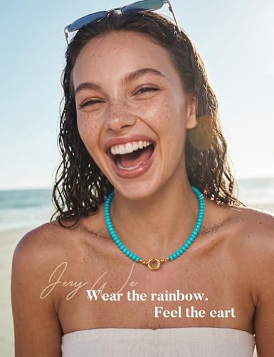 JeryWe Gemstone Beaded Necklaces for Women - Waterproof Natural Stone Handmade Choker Necklace Boho Summer Beach Jewelry, 14K Gold Plated Stainless Steel Dainty Statement Necklace Trendy Turquoise