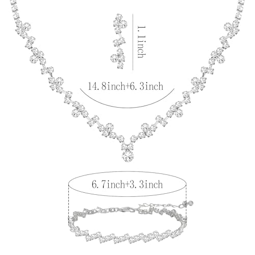 NEWITIN 5 Pieces Crystal Silver Jewelry Set for Women Watch Necklace Bracelet Earrings Bling Cubic Zirconia Wedding Jewelry Sets for Brides Bridesmaid Prom Costume Accessories