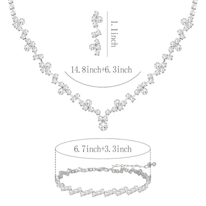 NEWITIN 5 Pieces Crystal Silver Jewelry Set for Women Watch Necklace Bracelet Earrings Bling Cubic Zirconia Wedding Jewelry Sets for Brides Bridesmaid Prom Costume Accessories
