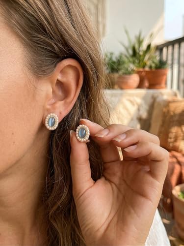 Vintage Style Pearl and Blue Stone Earrings,clip on earrings for women, Gold-Tone Frame,1920s,Oval Shape with Pearl Border