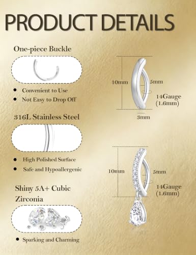 Apsvo 2Pcs Belly Button Ring for Women Surgical Steel CZ Clicker Belly Rings Hoop Teardrop Heart Dangle Belly Button Piercing Simple Reverse Navel Piercing Jewelry 14G - color: Silver-Teardrop